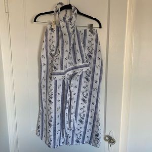 Blue and white floral linen 2 piece set from Reformation.